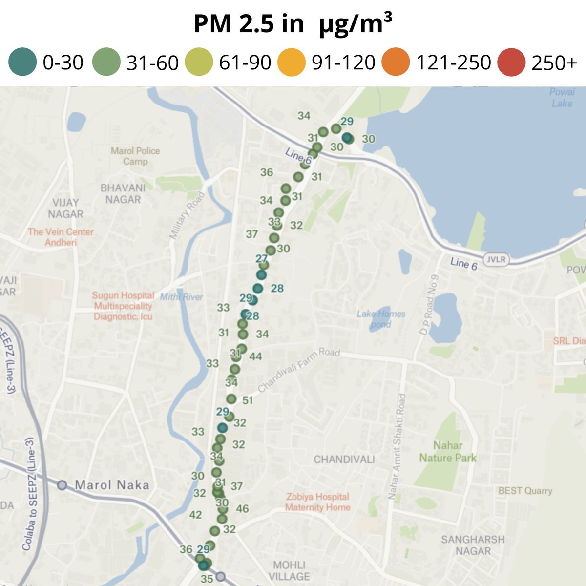 walkingproject's tweet image. These are the recorded PM 2.5 readings during yesterday&apos;s #CommunityWalk 24