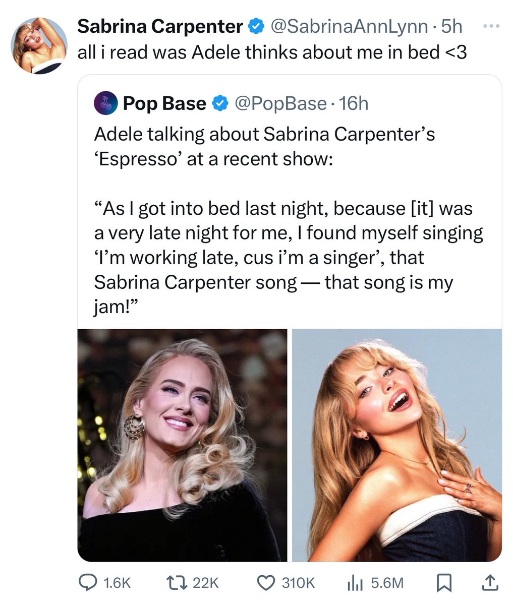 Sabrina Carpenter ตลกอีกแล้ว ล่าสุด Adele บอกว่าเธอเผลอร้องเพลง Espresso ก่อนนอนเพราะชอบเพลงนี้มาก ซาบริน่ามาตอบว่า “จับใจความได้แค่ว่า Adele คิดถึงฉันตอนอยู่บนเตียงด้วยอ่าาา <3”