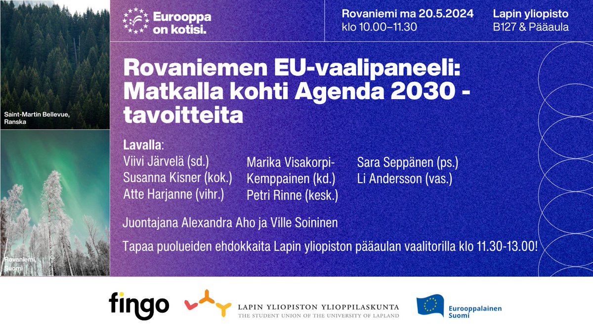 🇪🇺💬 #EurooppaOnKotisi-kiertue saapuu Rovaniemelle 20.5. Rovaniemen yliopistolla keskustelua #EU:sta kestävän kehityksen toimijana klo 10 alkaen.

Vapaa pääsy, paikkoja rajoitetusti. Seuraa myös @EMFinland tubesta!

Lisätiedot ➡ fb.me/e/4qbVevqjP

#EUvaalit #KestäväKehitys