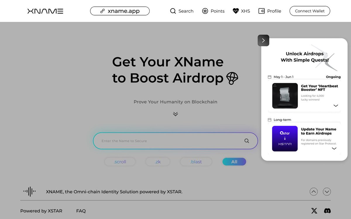 🎉 Our Quest Board is LIVE!

Complete simple quests to unlock #Airdrops, earn the 'Heartbeat Booster' NFT, and score $XNAME!

⏰Don't forget to update your domains previously registered on Star Protocol to get rewards.

Start earning now! Check the link in the image⬇️