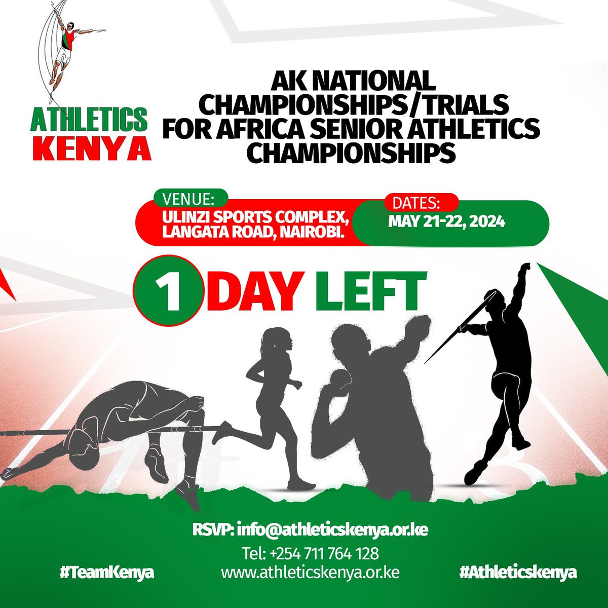 Athletics Kenya 🇰🇪 invite you to the NATIONAL CHAMPIONSHIPS/TRIALS FOR AFRICA SENIOR ATHLETICS CHAMPIONSHIPS 2024. Join us at Ulinzi Sports Complex as we celebrate our athletic stars. VENUE: ULINZI SPORTS COMPLEX, LANGATA ROAD, NAIROBI. Dates: May 21-22, 2024. Time: 8:30AM