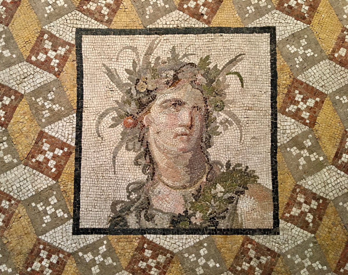 2nd century AD mosaic floor panel from Roman Daphne, near Antioch. The female figure may be the personification of ‘abundance’ and ‘good living’. The mosaic is now part of the collections @metmuseum #MosaicMonday 📸 My own.