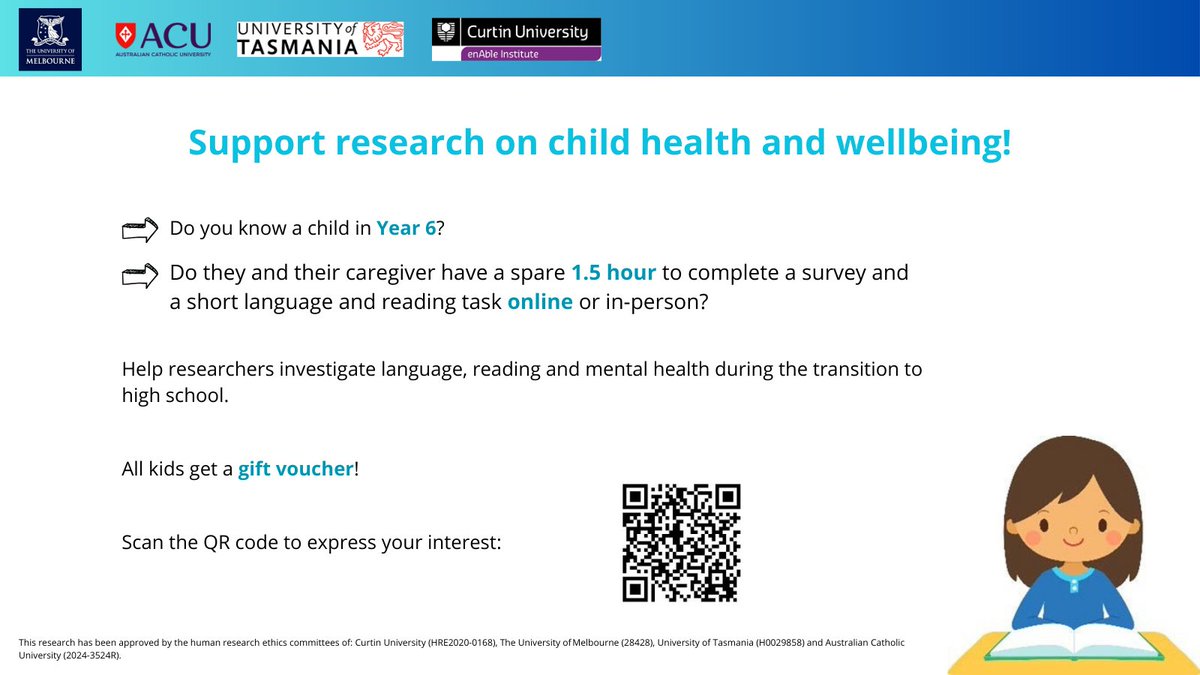 Know an Aussie child in Yr 6? Do they want to help us understand #MentalHealth over the move to high school? Register your interest (tinyurl.com/2xwjsebc) and we'll be in touch with more info asap. Kids get a voucher and participation can be online  #Dyslexia #DLD #DevLangDis