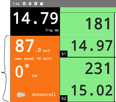 A new feature in the RBR Roadbook Reader app: the speed warning vertical bar's maximum height is aligned with the odometer, ensuring it does not obstruct the view, thereby keeping the odometer clearly visible.