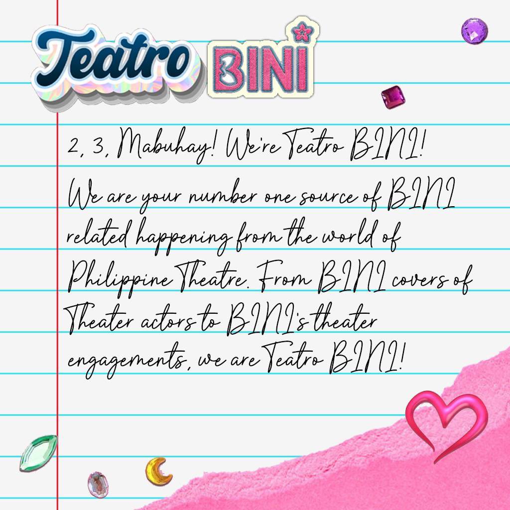 TEATRO BINI the number one source for BINI related theater happenings! 

For inquiries you can send us an email! 📧 teatrobini@gmail.com