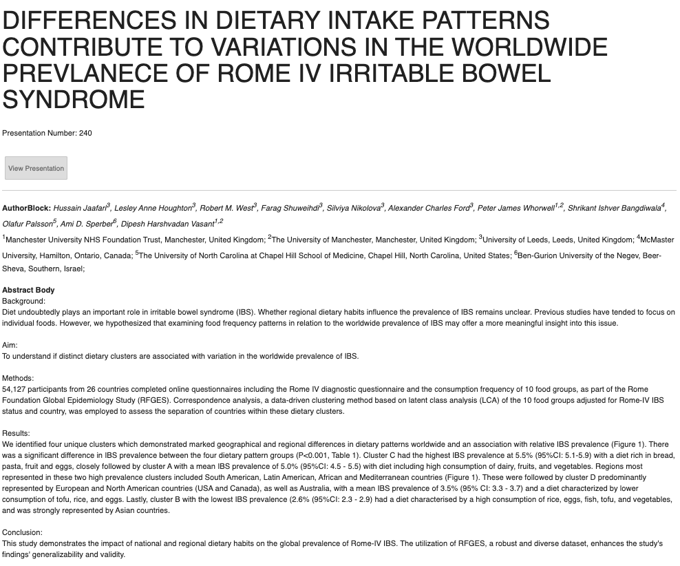 KewinSiah's tweet photo. #MyFavAbstract 240 #DDW2024 @RomeFoundation  researchers identify 4 dietary clusters, with highest IBS rates in clusters characterized by high consumption of bread, pasta, fruits &amp; dairy (A &amp; C) and lowest in clusters with high rice, fish, tofu &amp; veg intake (B). #Gitwitter https://t.co/E7fgE9XVec