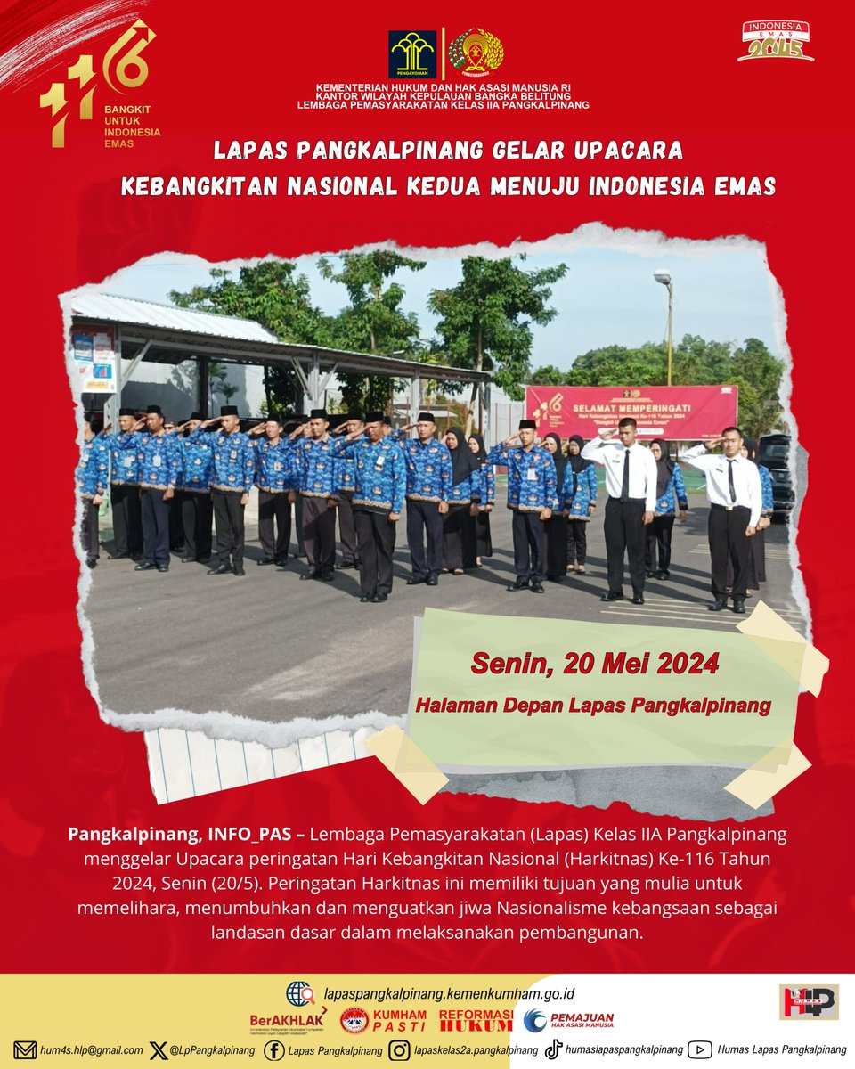 LpPangkalpinang's tweet photo. Lapas Pangkalpinang Gelar Upacara Kebangkitan Nasional Kedua Menuju Indonesia Emas
@Kemenkumham_RI
@DITJEN_PAS
@kumham_babel
@LpPangkalpinang
#KumhamBabel
#LpPangkalpinang https://t.co/L4FA5zaext