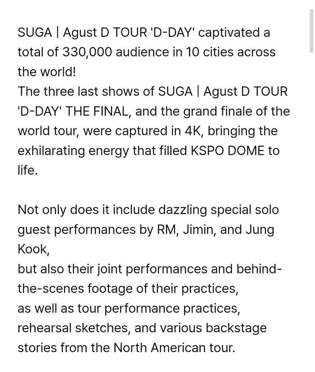 Not only does it include dazzling special solo guest performances by RM, Jimin, and Jung Kook, but also their joint performances and behind-the-scenes footage of their practices, as well as tour performance practices, rehearsal sketches, and various backstage stories from the