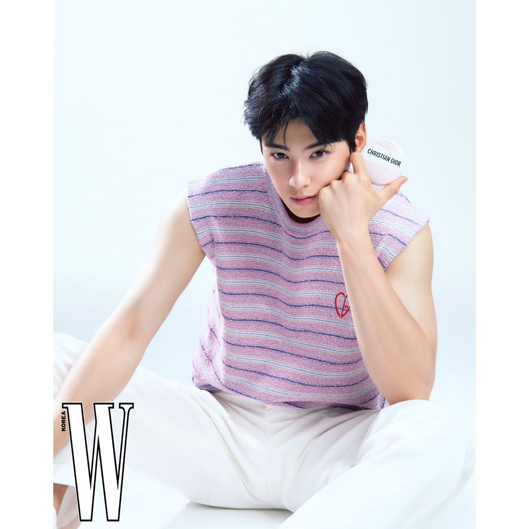 📸 Fantagio Official IG post “Cha Eunwoo's dewy and refreshing vibe is captured in the newly released W Korea photoshoot!✨ It feels like falling deeper for #ChaEunwoo, who is drenched in a pink hue!💘 Check out Cha Eunwoo's photoshoot, brimming with loveliness, right now on W