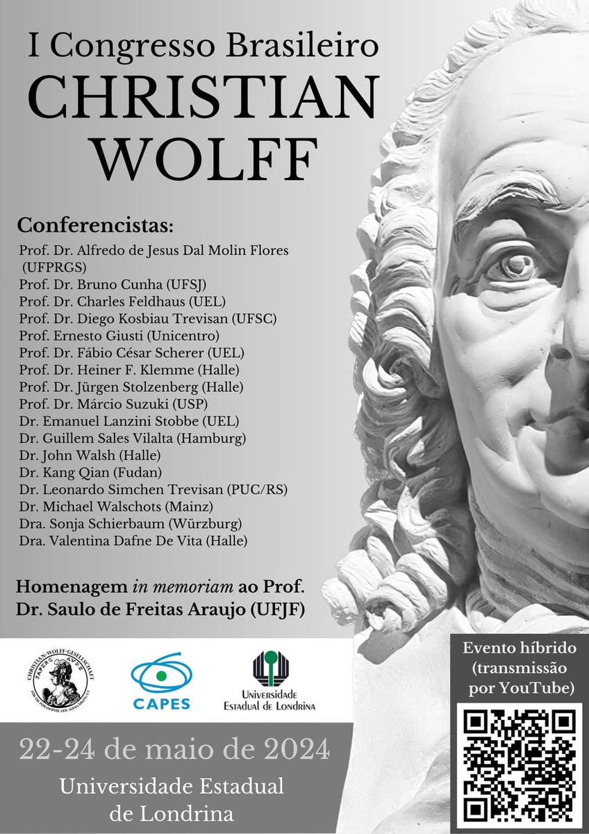 May 22nd-24th the Brazilian Congress on Christian Wolff' will take place, in hybrid format (in the CLCH Event Room of the London State University, CLCH, and on the YouTube channel 'Theories of Justice - Philosophy UEL'.