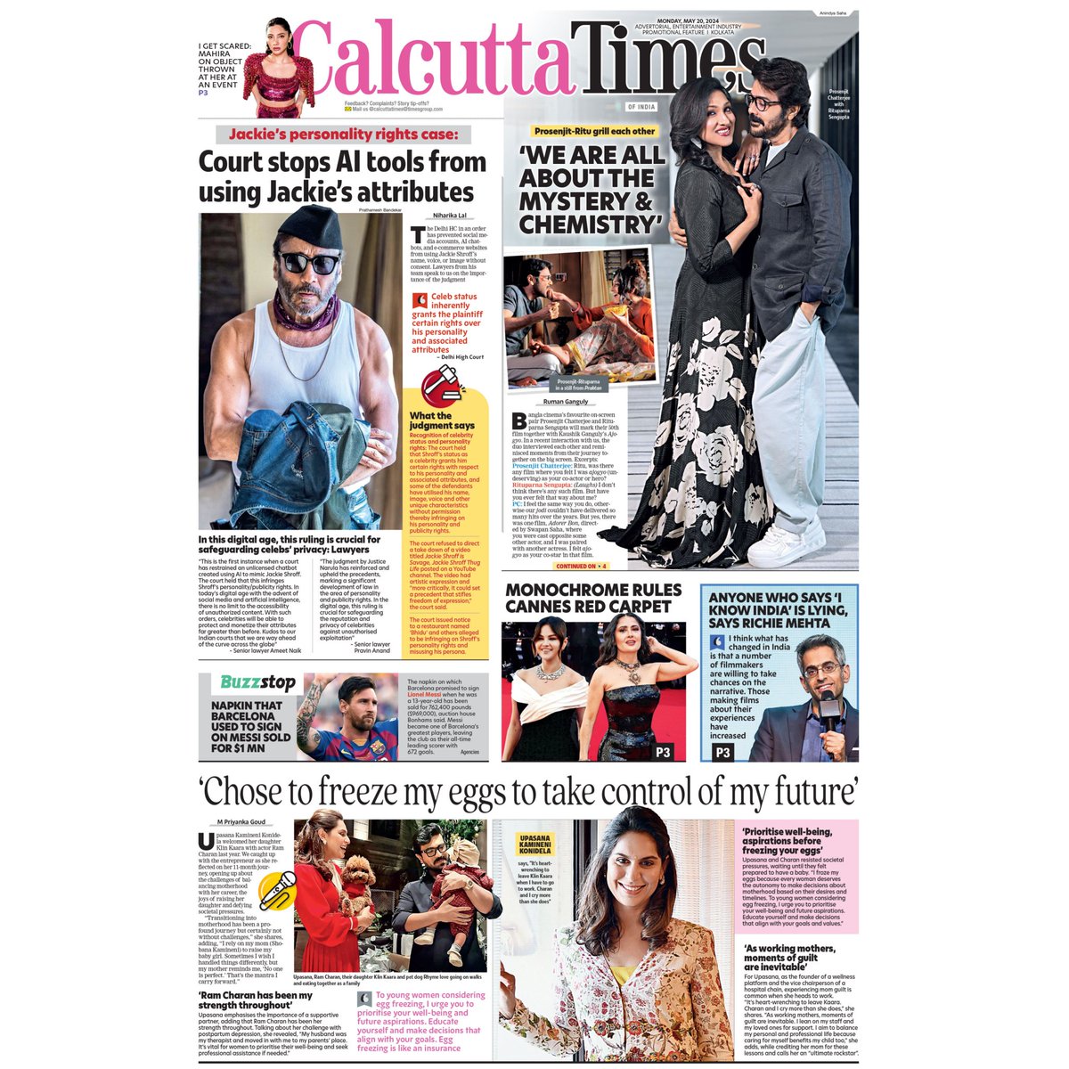 In today's Calcutta Times: Court stops AI tools from using Jackie's attributes, An exclusive interview with Prosenjit Chatterjee and Rituparna Sengupta, and more.. 

#prosenjitchatterjee #rituparnasengupta #exclusiveinterview #calcuttatimes