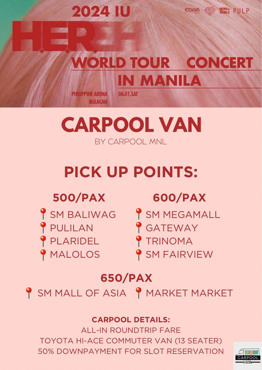 2024 IU HEREH IN MANILA (BULACAN) CARPOOL VAN

🗓️ June 1, 2024
🕰️ Pick Up: 12:00PM
🚙 Toyota Hi-Ace Commuter Van ( 13 Seater )

DM US FOR MORE INFO! lf pasabay angkas iu vanpool baliuag philippine arena uaenas

#아이유 #IU #IU_WORLD_TOUR
#IUinMANILA #HEREH_WORLD_TOUR_IN_MANILA