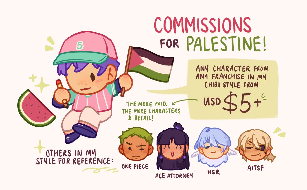 opening kofi comms where all proceeds will be going to palestinian go fund mes! [link in tweet below]
not limited to a3; feel free to send in requests from any media!