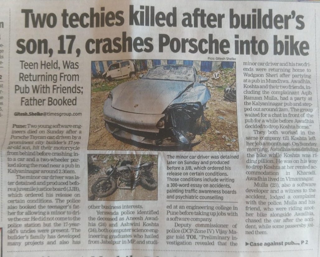 The deceased are named but not the under-age driver who caused the accident that killed them. And now a case is registered against the pub for serving liquor to minors! Just another day in incredible India when the rich and powerful can get away with anything. Sigh.