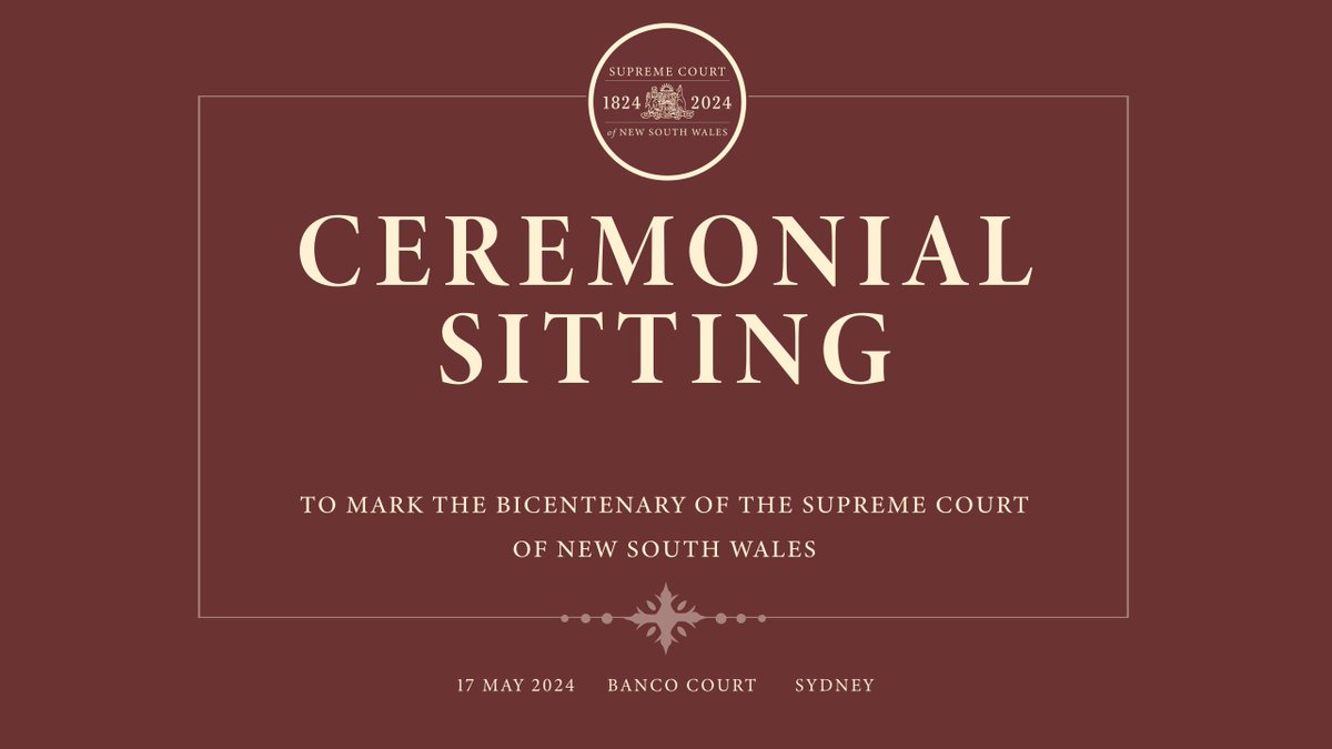 A Ceremonial Sitting to mark the bicentenary of the Supreme Court of New South Wales was held in the Banco Court on Friday, 17 May 2024. View the live stream via @YouTube youtube.com/watch?v=EHSI7t…