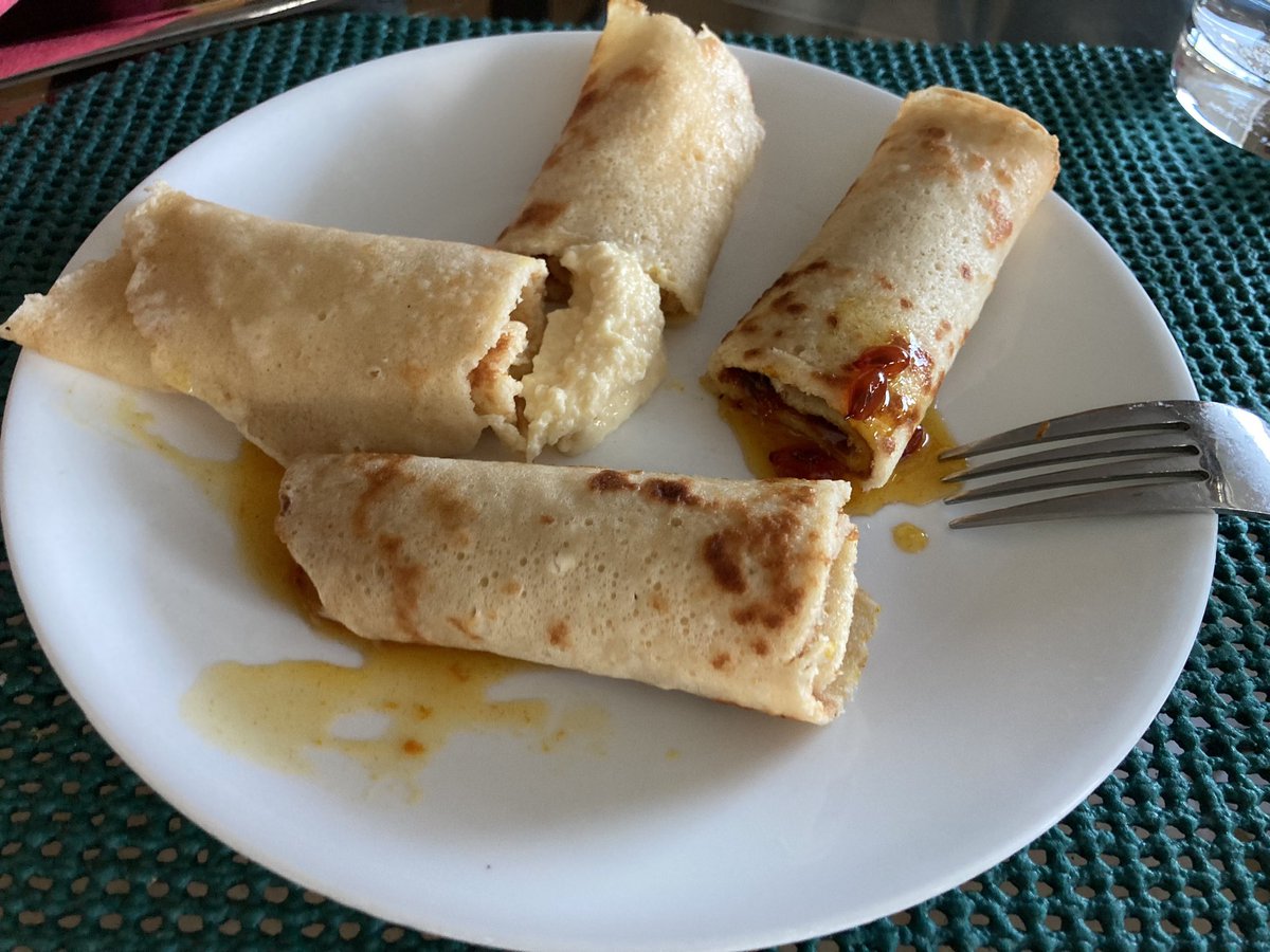 Made some traditional palačinky (crepe/blintz) for dessert, just like my babi made Served it with sweetened cottage cheese, and seabuckthorn preserves (an experiment that worked)