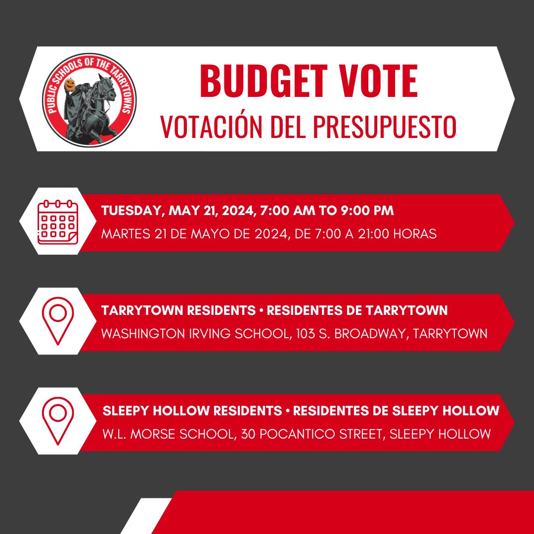 🔔 Reminder: The School Budget Vote and Trustee Election is this Tuesday, May 21, 2024, from 7am-9pm!

📍 Washington Irving School: For eligible Tarrytown residents. 
📍 W.L. Morse School: For eligible Sleepy Hollow residents.

🌐 More info: tufsd.org/budget