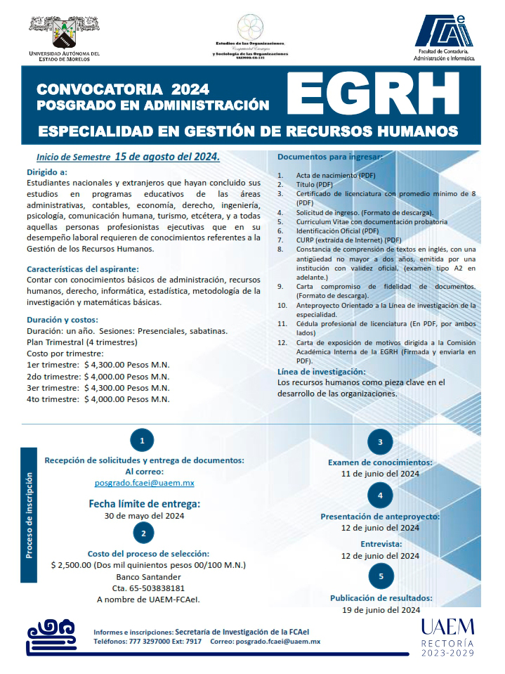 Facultad de Contaduría, Administración e Informática #Fcaei | Convocatoria | Especialidad en Gestión de Recursos Humanos #EGRH | #SomosUAEM
