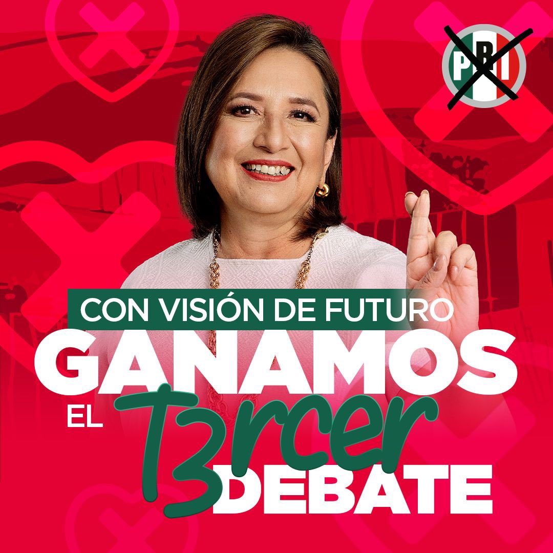 Por tercera ocasión, <a href="/XochitlGalvez/">Xóchitl Gálvez Ruiz</a> ganó el debate, demostrando que en este proyecto sí tenemos propuestas concretas para que a las familias mexicanas les vaya bien. 

Con tu apoyo, ganaremos la elección el dos de junio. 

#XóchitlGálvezPresidenta 🟢⚪️🔴