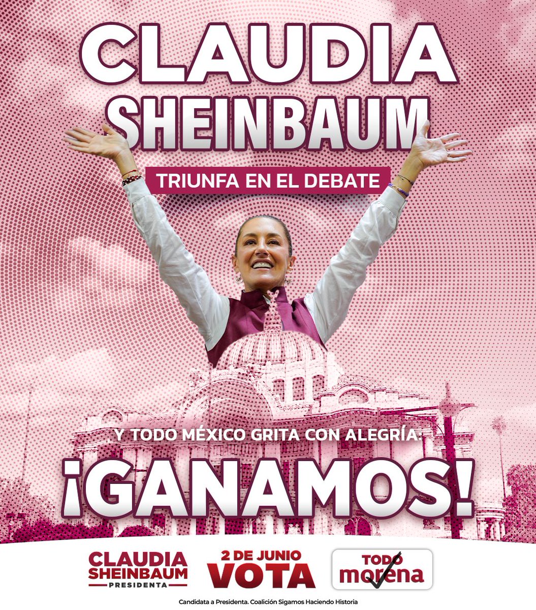 PartidoMorenaMx's tweet image. ¡Ganamos el debate!

Este 2 de junio arrasaremos en las urnas y, de la mano del pueblo, @claudiashein llegará a la presidencia.

#ClaudiaPresidenta