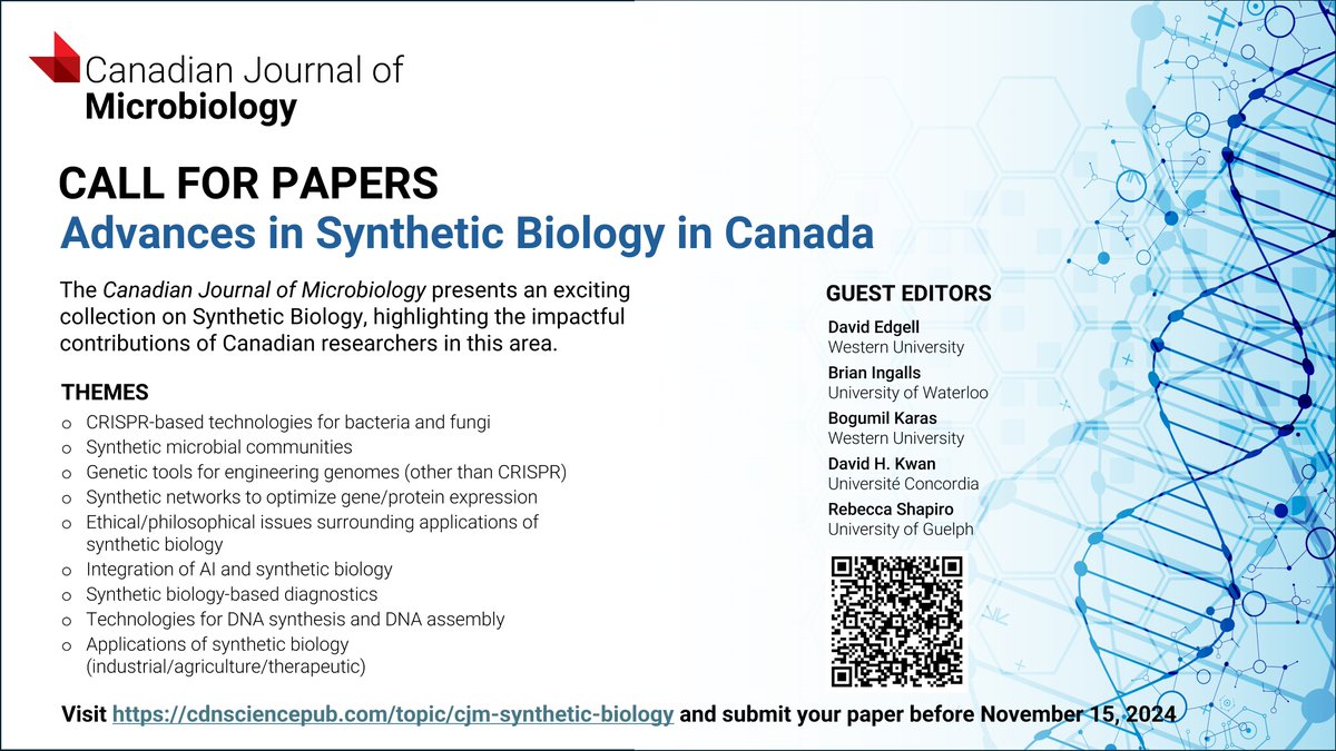 Excited to spread the word about <a href="/CanJMicrobio/">Canadian Journal of Microbiology</a> call for papers! Advances in Synthetic Biology in Canada 🍁🧬👩‍🔬👨‍🔬 cdnsciencepub.com/topic/cjm-synt… Guest editors <a href="/megatev/">David Edgell</a> @bpingalls <a href="/BogumilKaras/">Bogumil Karas</a> <a href="/DavidKwanPhD/">David Kwan</a> <a href="/ShapiroRebecca/">Rebecca Shapiro</a>
