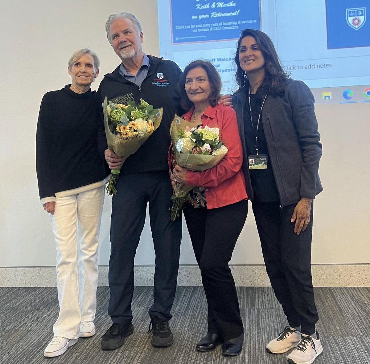 Congrats, to Keith and Martha on their retirement at the end of the semester. We are grateful for your years of service at LMU and to Student Health Services. I’m grateful for the opportunity to celebrate you both at our most recent divisional meeting!