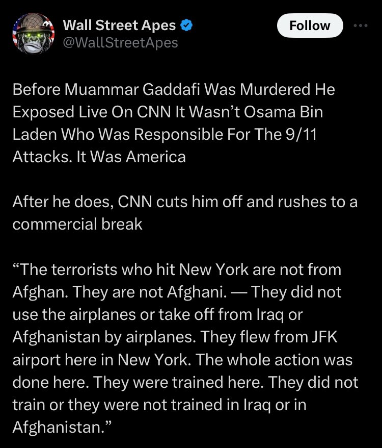 I like the idea that CNN cut off Gaddafi because he was telling the world the Secret Truth and not because he was an insane crank spouting nonsense.