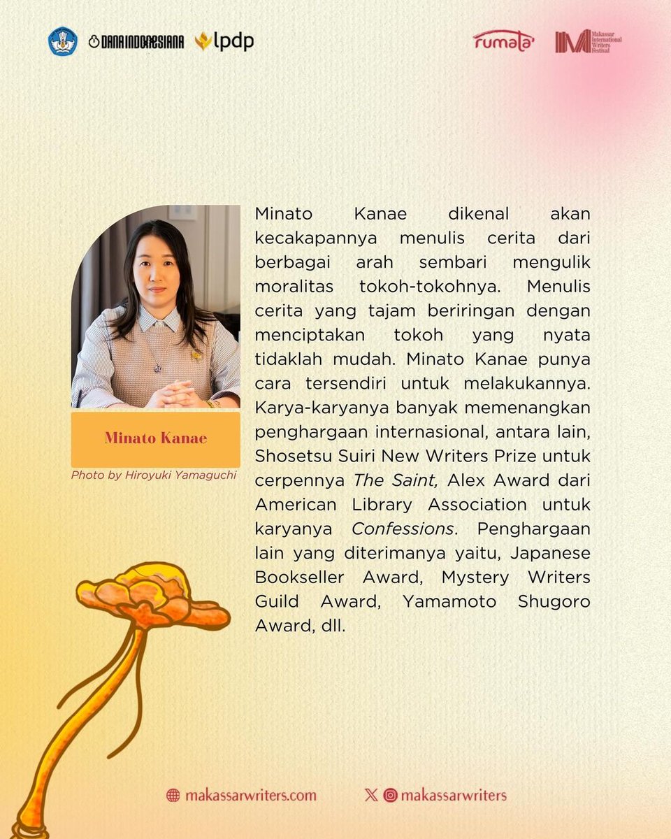 penerbitharu's tweet image. Minato Kanae-sensei dikenal sebagai penulis novel misteri yang menulis cerita-cerita dengan plot tak terduga dan tentunya selalu menarik untuk dibaca. 

Teman-teman pembaca pasti penasaran bgaimana Minato-sensei menulis karya-karyanya? Ayo datang ke MIWF 2024 minggu ini. Kegiatan…