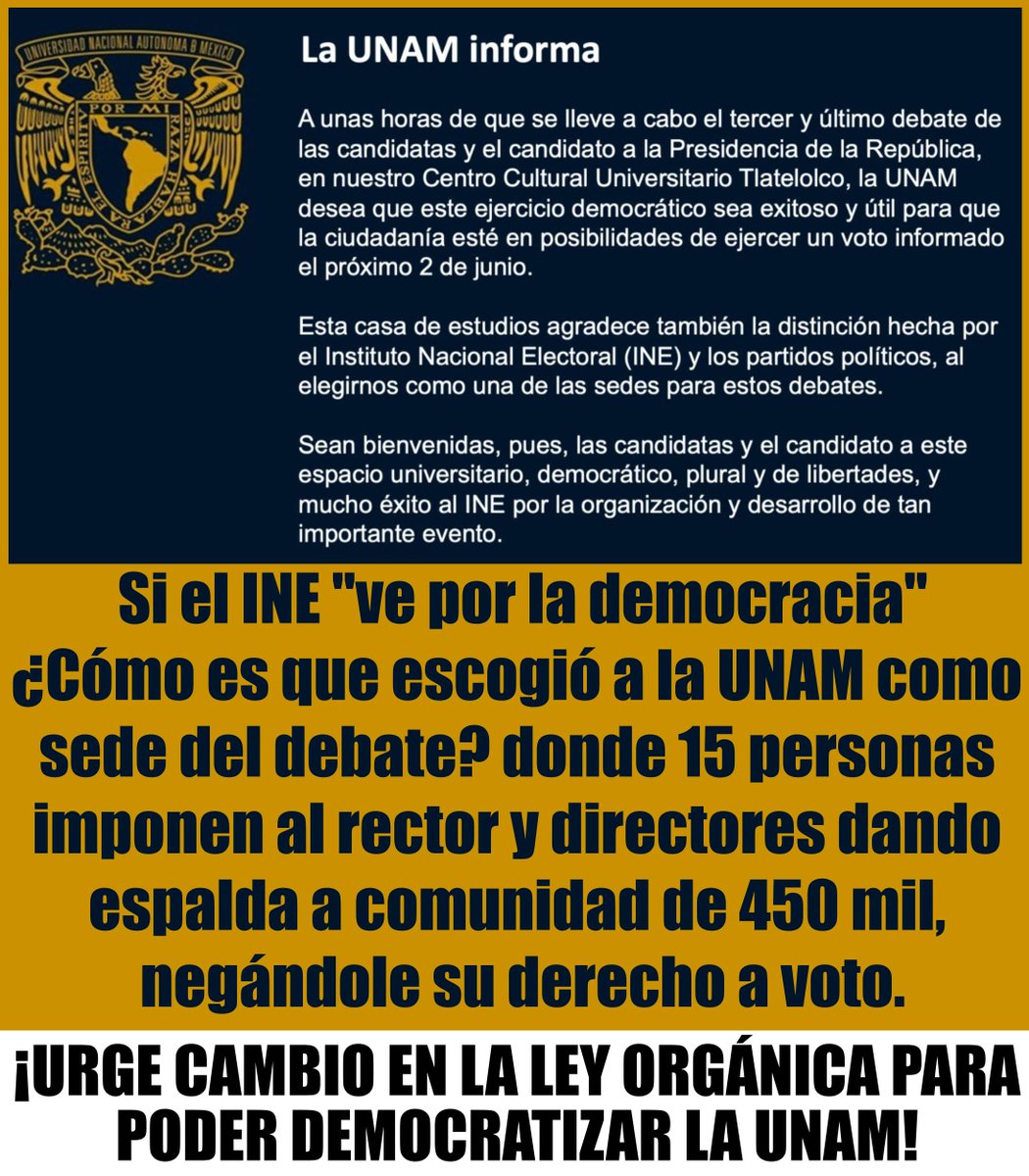 ¡Democratización de la UNAM! 
<a href="/elitvoficial/">Eli Tv Oficial</a> <a href="/Hans2412/">Hans Salazar 🇲🇽🇵🇸🇨🇺🇻🇪</a> <a href="/jordana_glez/">Jordana González</a>  <a href="/MemeYamelCA/">MemeYamel</a> <a href="/ArturiniT/">Arturo Pavón</a> <a href="/zosimo_contra/">Zósimo Camacho</a> <a href="/MickeyNoticias/">Miguel Angel Ricaud</a> <a href="/mau_rodriguez77/">Mau (Chapucero TODAY)</a> <a href="/sevillacritico/">Ricardo Sevilla Gutiérrez</a> <a href="/JesusRCuevas/">Jesús Ramírez Cuevas</a> <a href="/RuidoEnLaRed/">Ruido en la Red</a> @Paralelo_24  @nancy_contra <a href="/creefesc/">Consejo de Representantes Estudiantiles FESC</a> <a href="/alexmelon/">Alejandro Meléndez @alexmelon.bsky.social</a> <a href="/_VicenteSerrano/">Sin Censura</a> <a href="/NachoRgz/">Nacho Rodriguez (El Chapucero)</a>