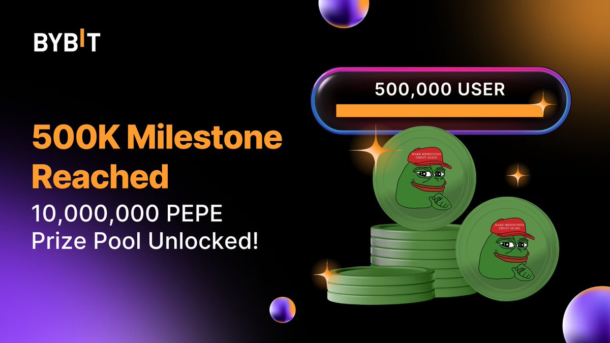 We've grown by 500,000 users since we last announced the Mystery Crypto prize pool 🔥 The mystery coin is one of the hottest and one of the most beloved memecoin on #Bybit: $PEPE 🐸 🎁 Sign up today to be part of our growing community: i.bybit.com/abRlYyc