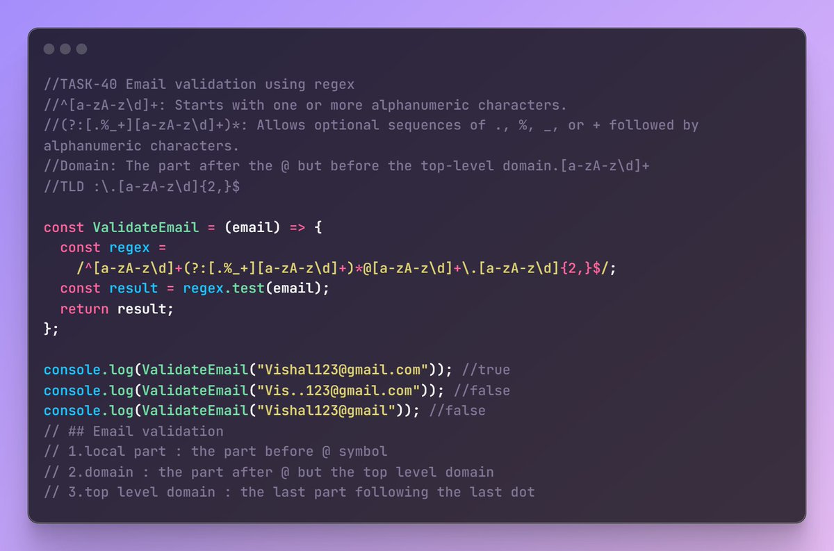 vishalj2012's tweet image. Day 40 of #100DaysOfCode: Email Validation with JavaScript Regex 🎉
Today, I tackled email validation using regex in JavaScript.
#javascript #regex #Programming #SoftwareDevelopment #CodeChallenge #DailyCoding