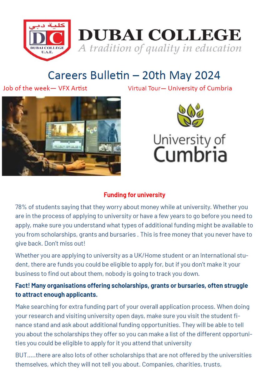 This week our #careersbulletin looks at funding for #university & highlights some of the many #scholarships available for #InternationalStudents to help understand what types of #funding might be available to you. 
@dubaicollege #careerseducation #careerdiscovery #yourfuture