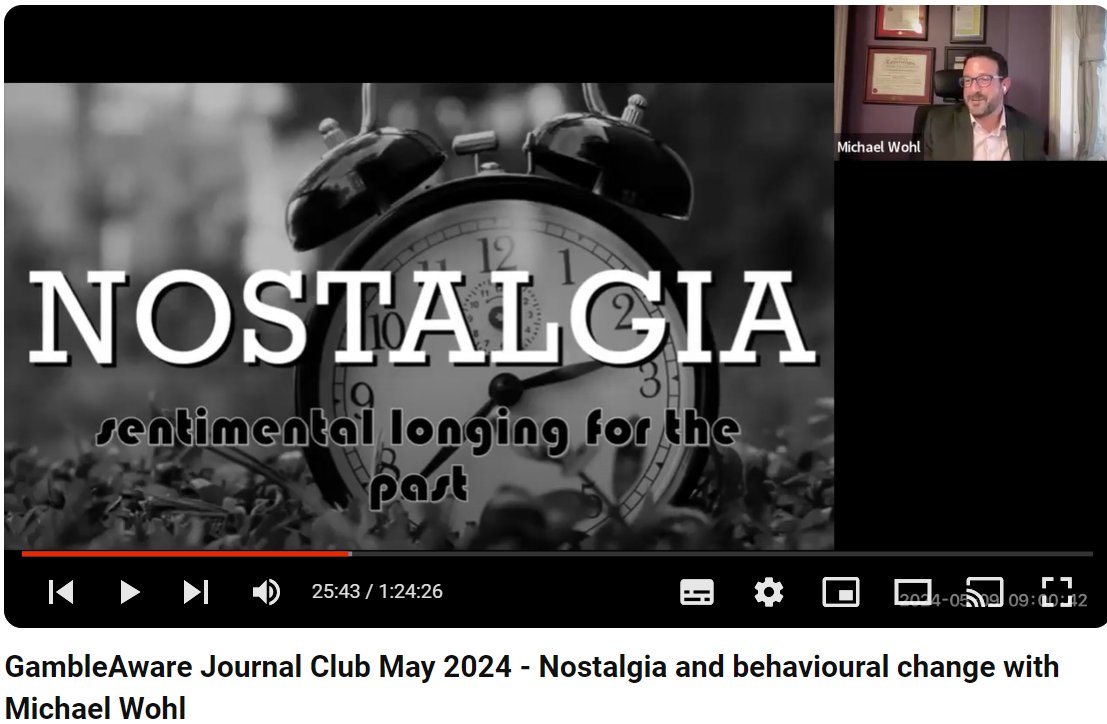 Professor Sally Gainsbury (@drsalgainsbury) on Twitter photo Catch up on our recent webinar: Nostalgia and Behavioural Change with Professor <a href="/michaelJAwohl/">Michael Wohl</a>
How sentimental longing is a critical factor in both the behavior change and recovery process among people living with a gambling disorder youtube.com/watch?v=8m0zHB… Catch up on our recent webinar: Nostalgia and Behavioural Change with Professor <a href="/michaelJAwohl/">Michael Wohl</a>
How sentimental longing is a critical factor in both the behavior change and recovery process among people living with a gambling disorder youtube.com/watch?v=8m0zHB…