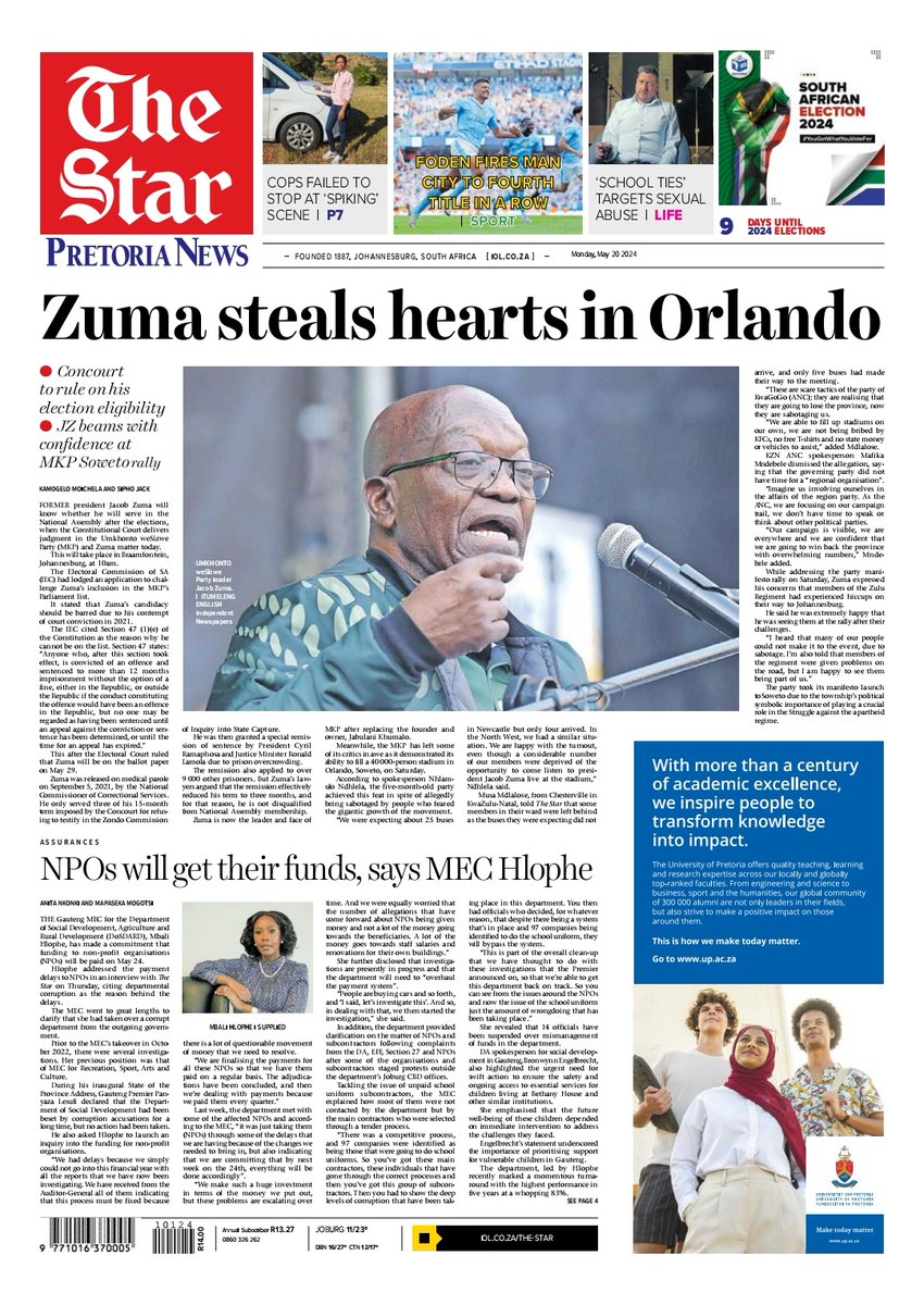 Get a copy of The Star Newspaper 🗞️🗞️ Inside today's edition: #Zuma steals hearts in Orlando; #NPOs will get their funds, says #MECHlophe; and more #TheStarNewspaper