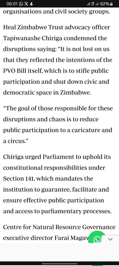 In today's @NewsDayZimbabwe I add my voice in condemning the violent disruption of the PVO Bill hearings across the country, restating the need to protect public access and participation in the law making process as envisaged by Section 141. newsday.co.zw/local-news/art…