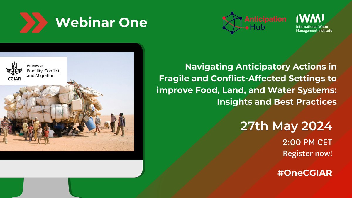 🚨Webinar Alert!

Join IWMI to explore Anticipatory Actions in Fragile and Conflict-Affected Settings to improve food, land & water systems as part of @CGIAR's #FCMInitiative!
 
Discover best practices & insights.
 
📅 Monday 27 May
🕑 14:00 - 15:30 CET
📍 on.cgiar.org/3V4xGPX