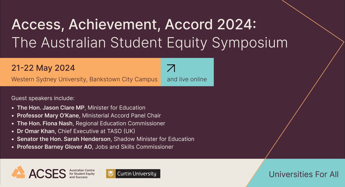 🚨 The wait is over! Tomorrow we kick off 'Access, Achievement, Accord 2024 🚨 Join us @westernsydneyu or via livestream for two days of insightful discussions Read the full program👉bit.ly/3V5qdQE Watch live via Zoom👉bit.ly/3yn1bn4 #AAAEQUITY #studentequity