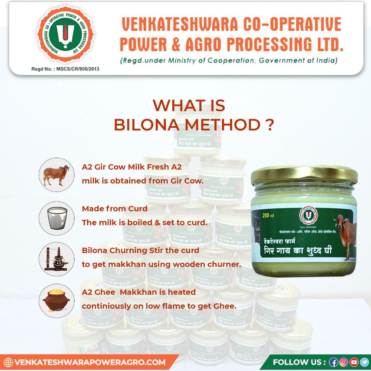 Discover the Bilona Method: From A2 Gir Cow Milk to Golden Ghee! 🐄✨ Experience the traditional process that starts with fresh A2 milk and ends with pure, nutritious ghee. 

#venkateshwaracooperative #powerandagroprocessing #sahakarsesamridhi #a2milk #gircowmilk #bilonamethod