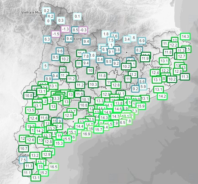 Bon dia! Temperatures actuals (°C): Barcelona 15-18, Tarragona i Mataró 16, Lleida 13, Girona 12, Puigcerdà 8, Manresa 15, Viladrau 9 i Moià 10.
