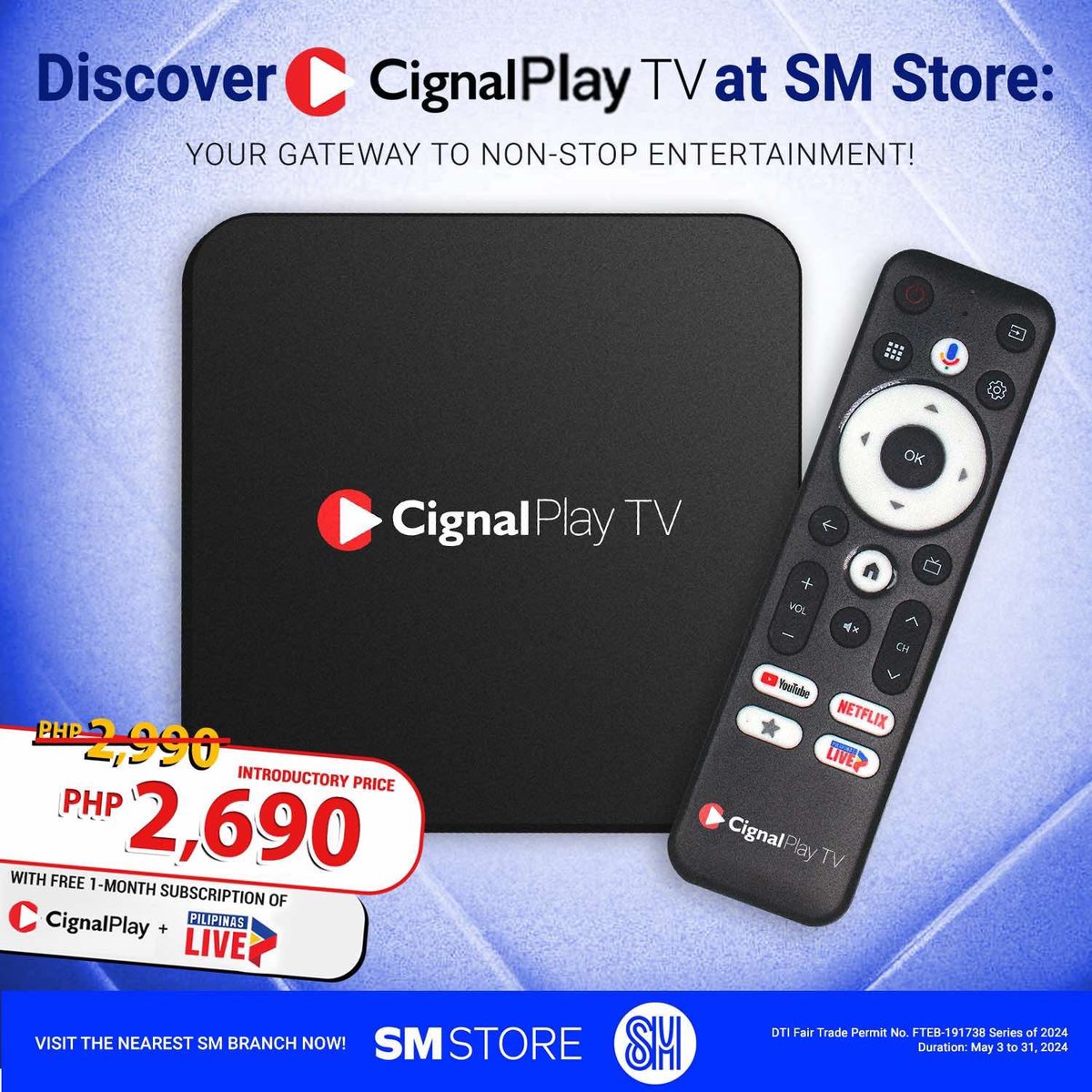 STARTING THE WEEK WITH A GOOD DEAL FOR YOU KA-CPLAY! 🤩 

Get the Cignal Play TV now at an intro price of ₱2,690 on all SM Stores so you can plug, play and connect with ease to enjoy live TV channels and stream your favorite apps. 

#PlayingForAll