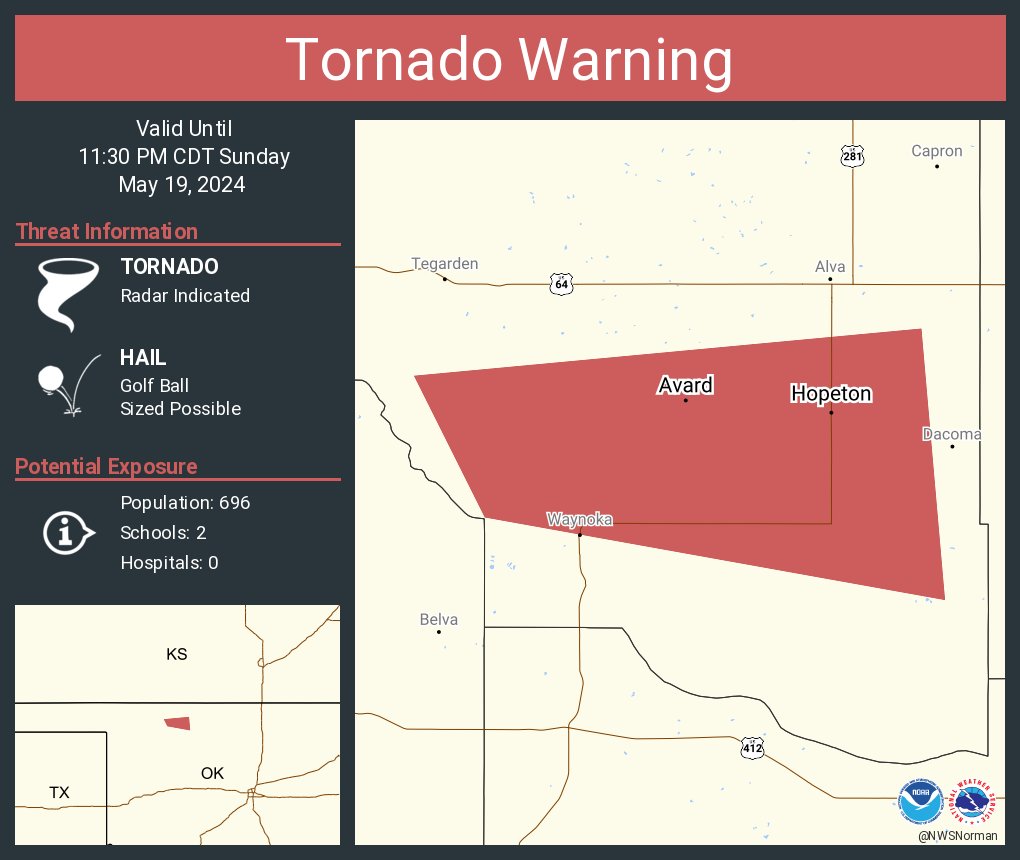 Tornado Warning continues for Avard OK and Hopeton OK until 11:30 PM CDT