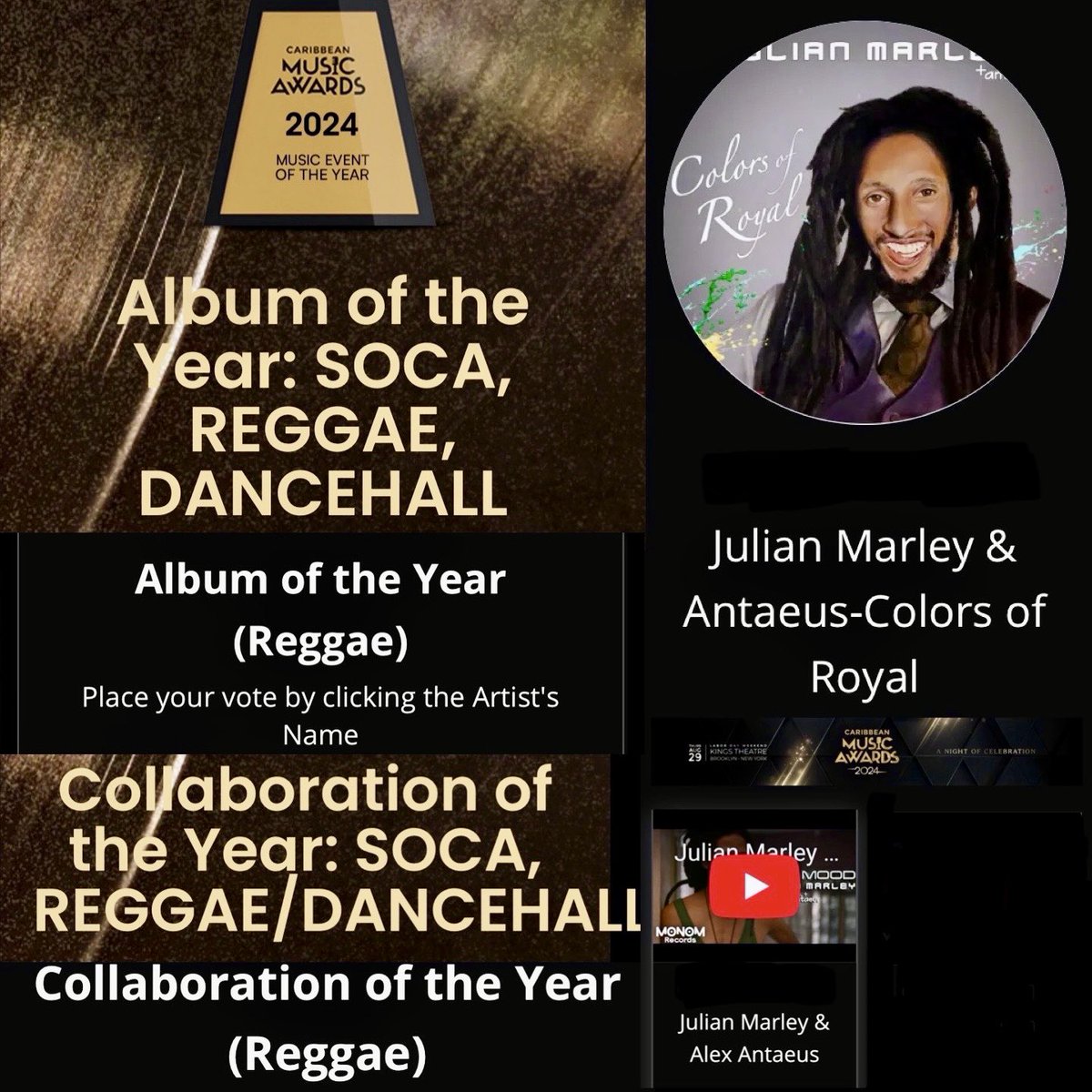 The Caribbean Music Awards are coming up in NYC this August & we have been nominated in two categories. Please use the links below to vote for @JulianMarley & Antaeus for Album of the Year caribmusicawards.com/album-of-the-y… & Collaboration of the Year caribmusicawards.com/collaboration-… THANK YOU!