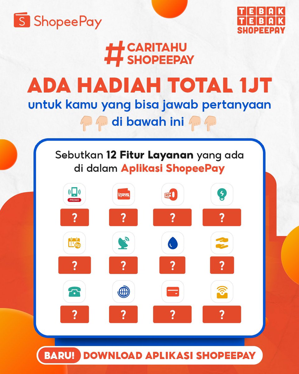 ShopeePay TTS kembali hadir! Yuk siapa yang bisa jawab, bisa dapat hadiah total 1JT 🥳

Cara menang di kompetisi ini :
1.FOLLOW akun twitter @shopeepay_id dan LIKE postingan ini 
2. Jawab pertanyaan di konten berikut ini dan jawab di kolom komentar 
3. Jangan lupa mention 3 teman