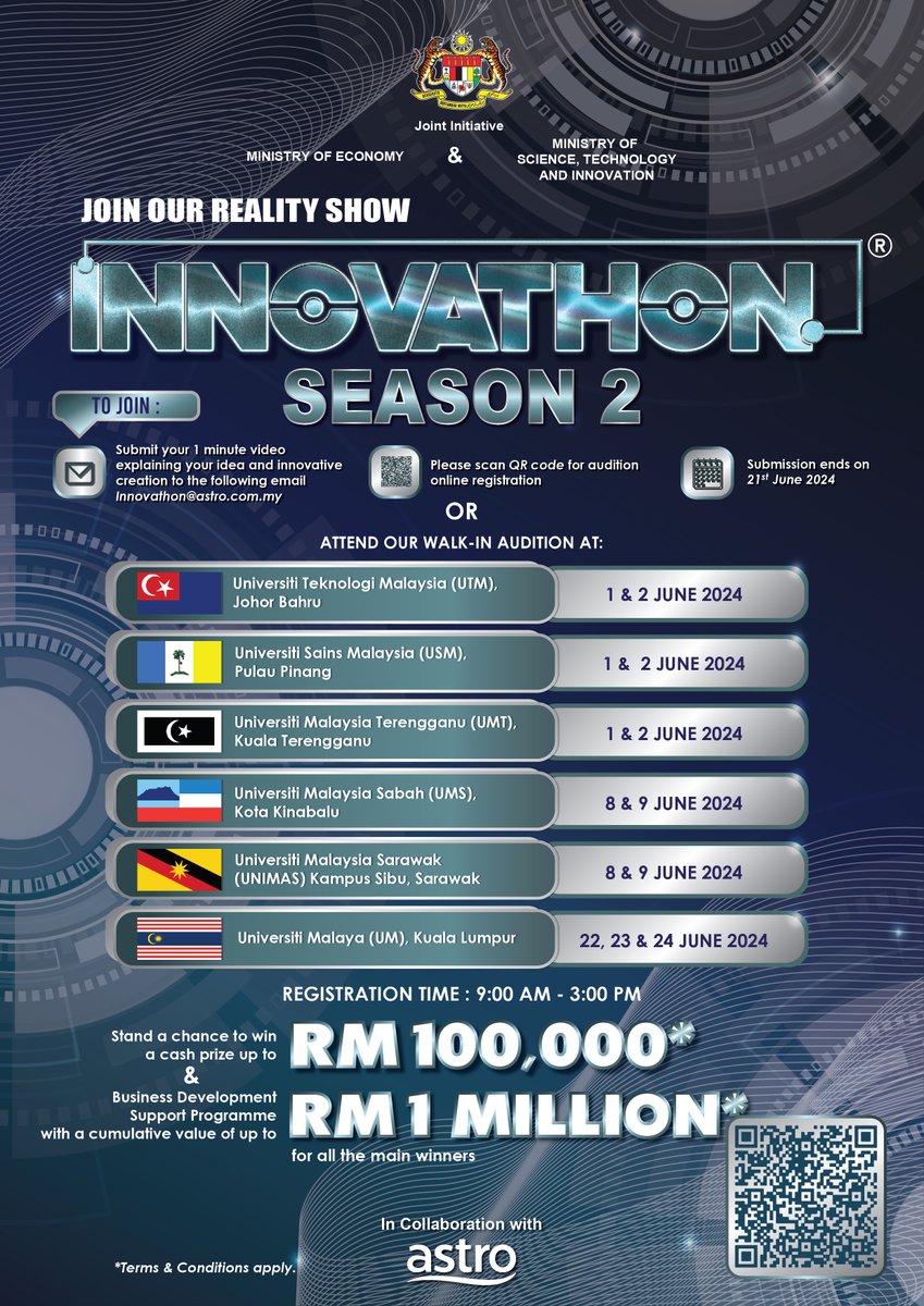 officialmosti's tweet photo. Sertai Rancangan Realiti TV #Innovathon Musim ke-2 melalui dua (2) cara:

1️⃣ Melalui video secara dalam talian (imbas kod QR pada poster)
2️⃣ Melalui sesi uji bakat di lokasi-lokasi seperti tertera pada poster

Anda mungkin pereka cipta tempatan yang kami cari! 

.
#mosti https://t.co/K56nbnllwg