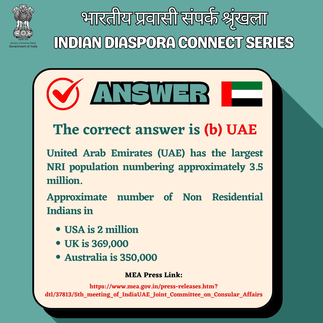 Dear Bharatiya Pravasis, here is the correct answer for Friday's quiz question.

More Questions coming soon...

#indiandiasporaconnect #bharatiyapravasisampark #IndianHeritage #KnowIndia #pravasibharatiya #IndianDiaspora #bharatiyapravasisamparkabhiyan