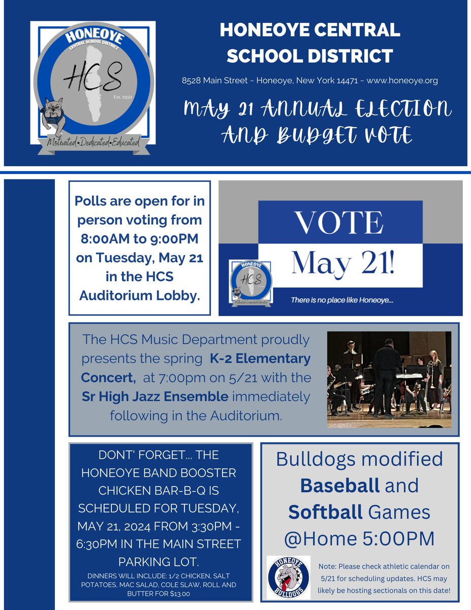 Today's the day! Polls open 8am-9pm. Check out all of the activities going on tonight, including Chicken BBQ, Varsity Baseball Sectional Game, and K-2 & Senior High Jazz Ensemble Concert! Thank you for your thoughtful consideration of the budget proposal! #HoneoyeProud 🐾🔵⚪️