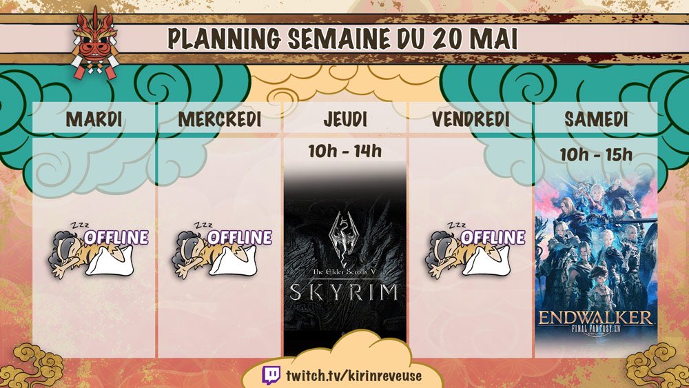 Le planning de stream de la semaine ! On retourne sur Skyrim mais avec des mods cette fois ! Venez (re)commencer une toute nouvelle aventure avec moi jeudi !