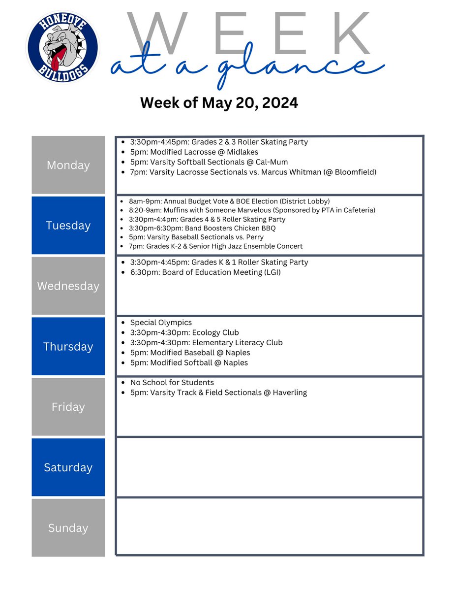 👀 what's going on this week at HCS. Most updated info can always be found at honeoye.org. #HoneoyeProud 🐾🔵⚪️