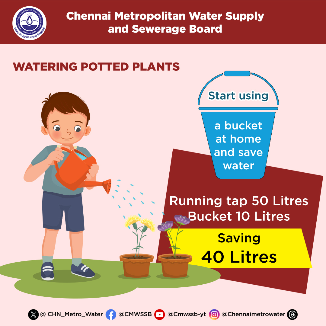 Start using a bucket at home and save water

#CMWSSB | #ChennaiMetroWater | @TNDIPRNEWS @CMOTamilnadu @KN_NEHRU @tnmaws @PriyarajanDMK @RAKRI1 @MMageshkumaar @rdc_south