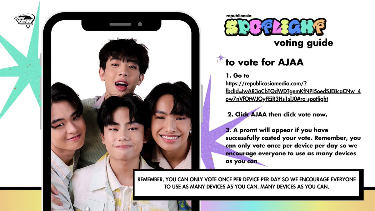 HANIES! 🍯 AJAA is nominated for RepublicAsia's Artist of the Month (P-POP Rookie). 

Follow the mechanics below to vote.

📅 May 30, 2024 at 10 PM
🗳 republicasiamedia.com/#ra-spotlight

Let's vote for AJAA and secure another win for them. 

@AJAAofc #AJAA